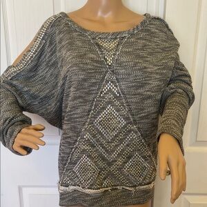 Vocal Gray Knit Top with Cutout Shoulders crystal embellishments